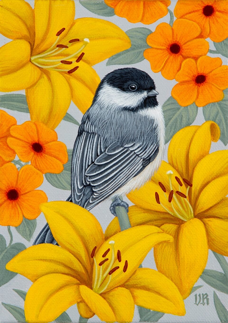 a small black and gray bird sits in the middle of yellow lilies and orange flowers
