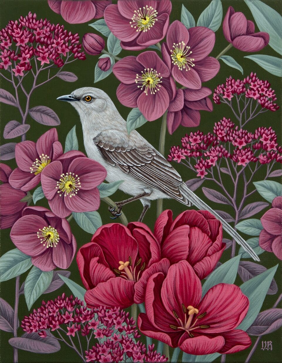 a gray bird perches between pink and purple flowers