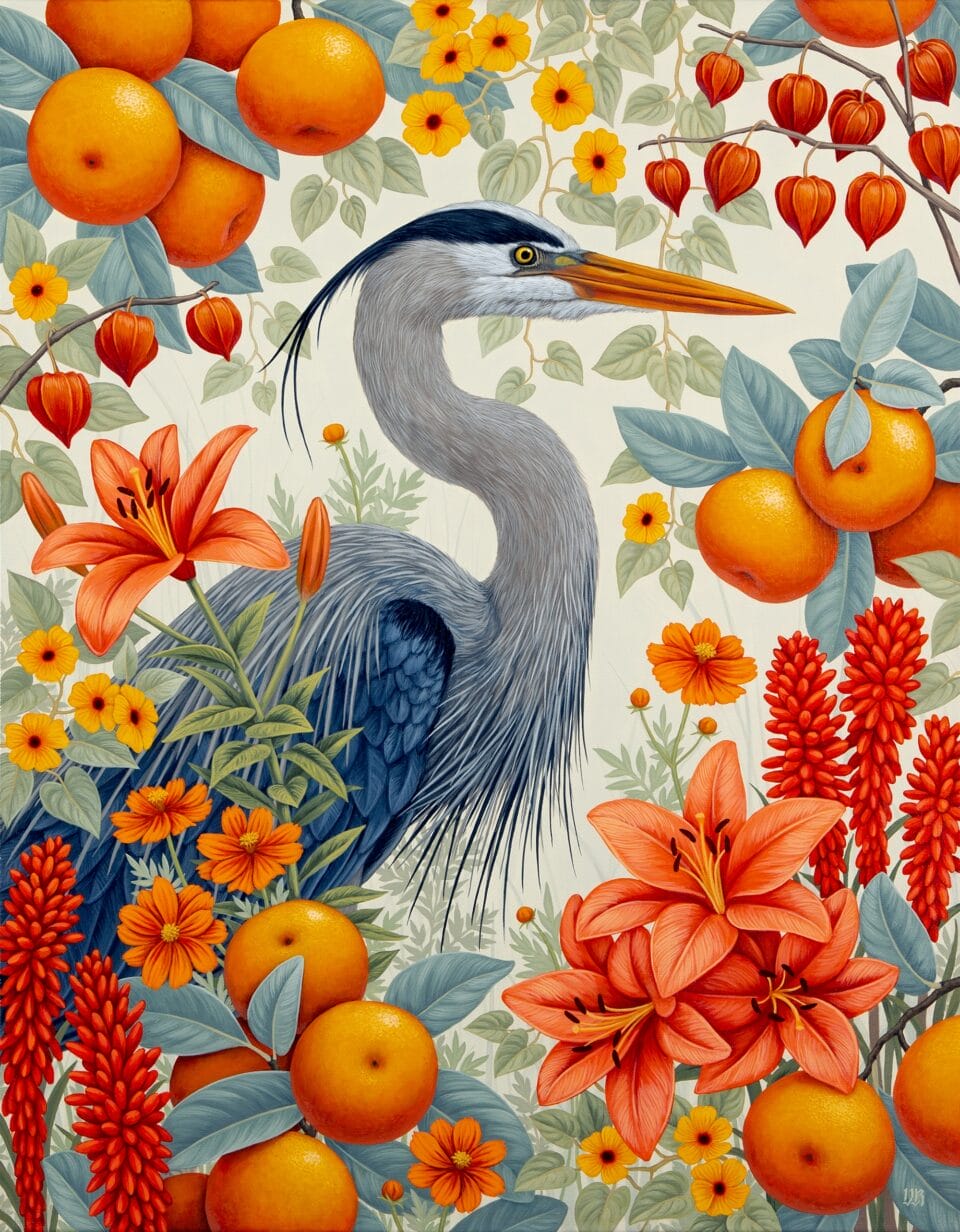 a heron perches between oranges and orange flowers