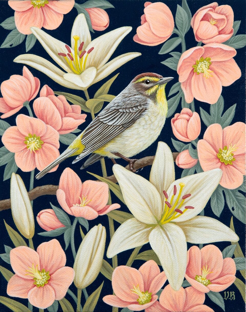 a small brown and yellow bird perched between white lilies and pink flowers