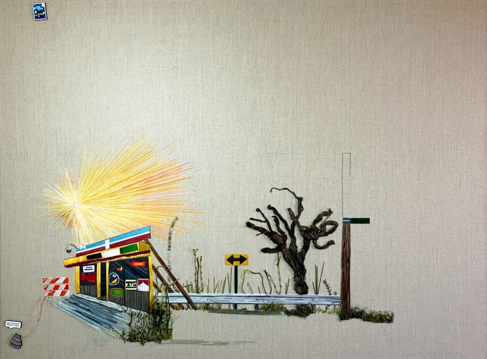 a corner store next to a road sign denoting left or right and a spindly tree