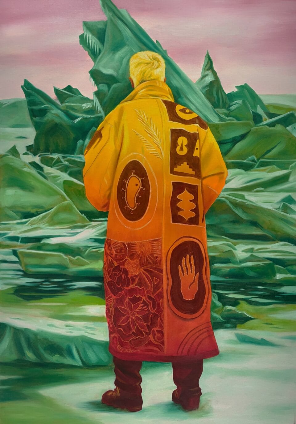 a vertical painting of a figure wearing a bright orange-and-yellow coat covered in biological shapes, stands facing dramatically pointed, green ice as if in the Arctic