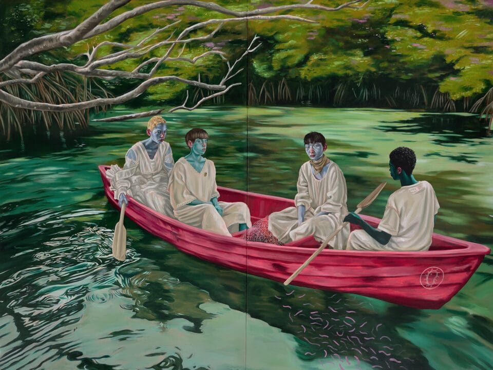 a diptych painting of a group of four figures in a red canoe, floating on a green body of water