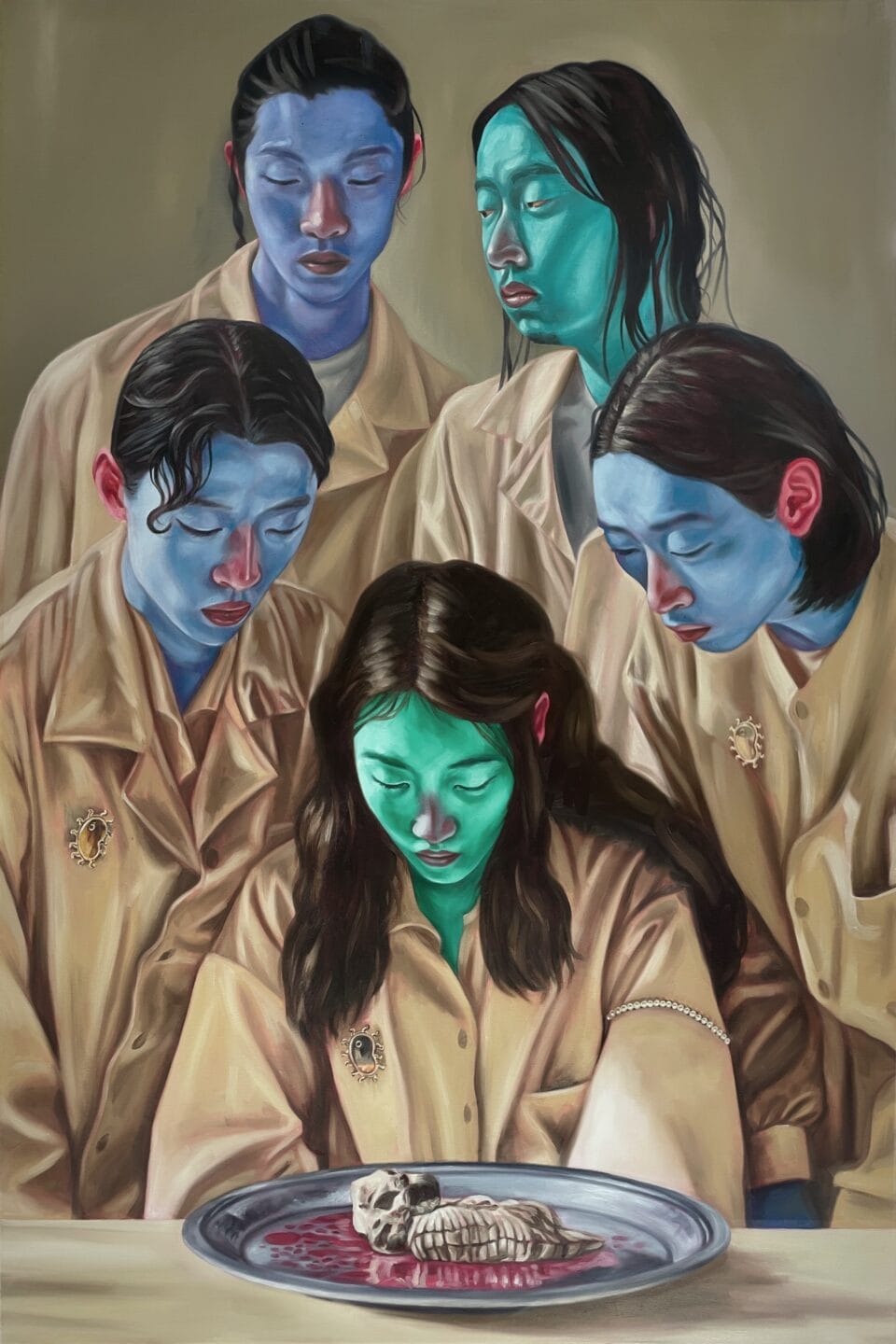four figures with bright blue or teal faces stand in a group and look down at a plate with an uncanny kind of food or animal on it