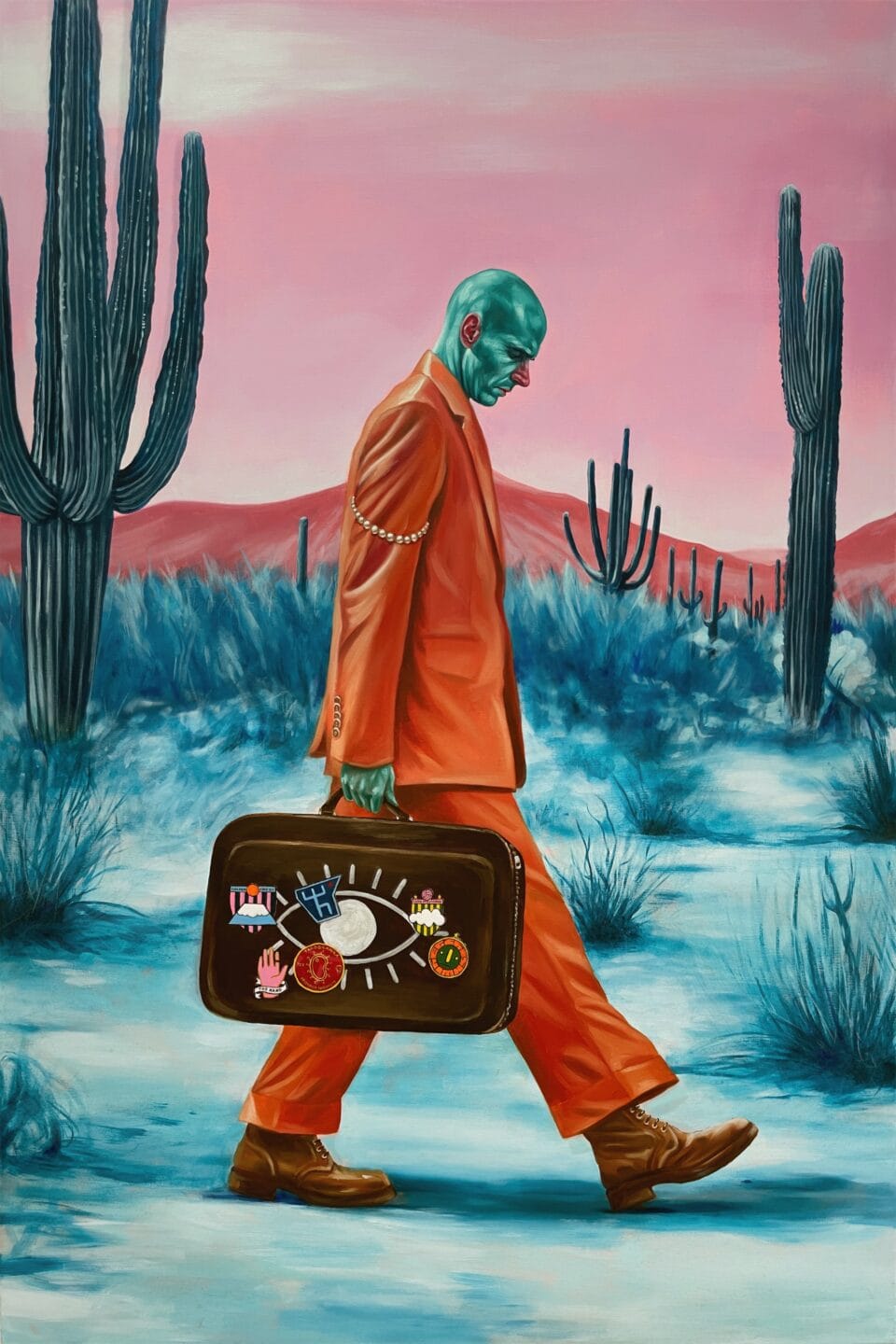 a painting of a bald man with a teal skin tone, set against a pink sky, walks through a desert in a suit, carrying a suitcase