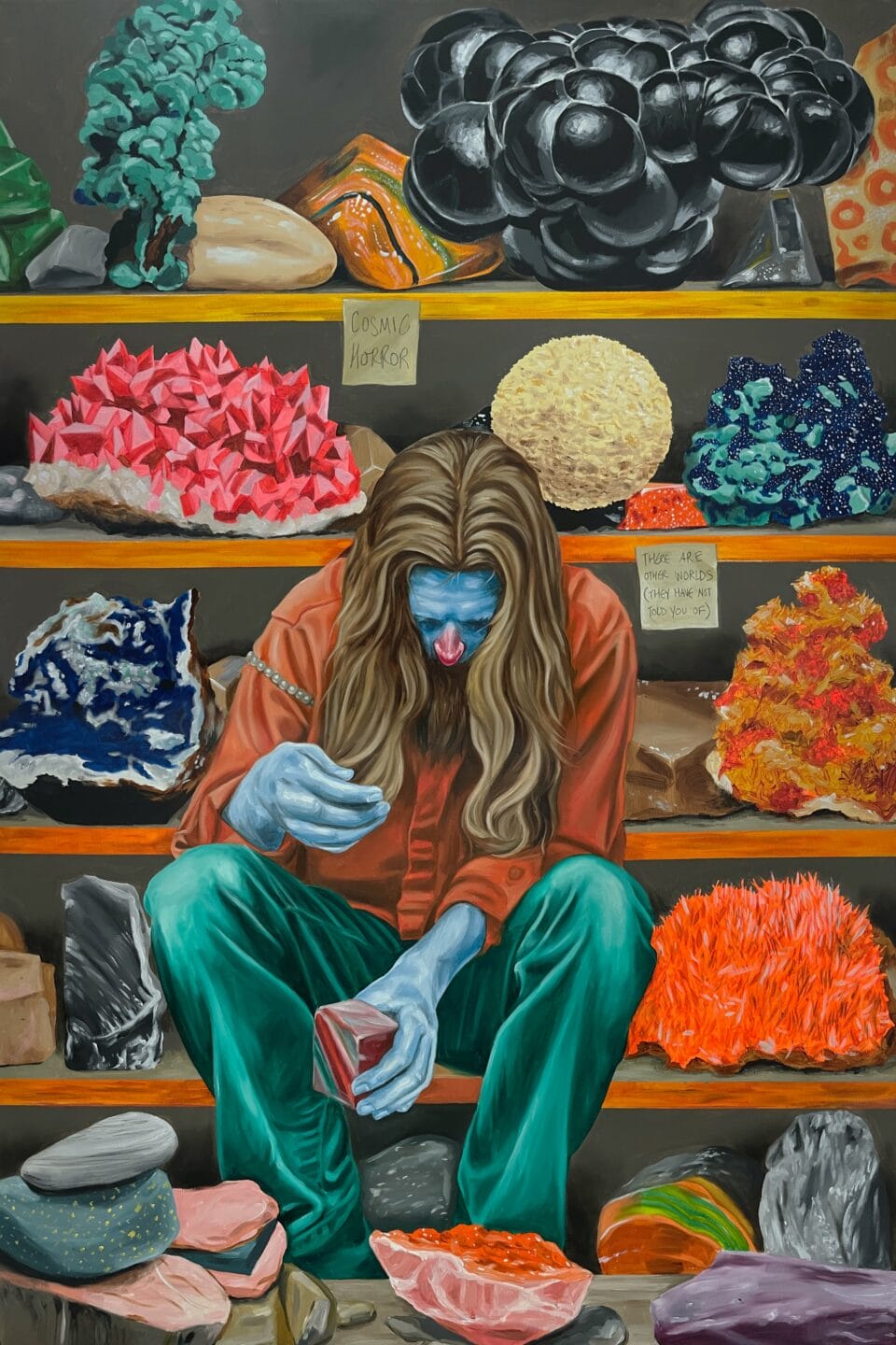 a painting of a long-haired figure seated among shelves of crystals and minerals, sorting through pieces