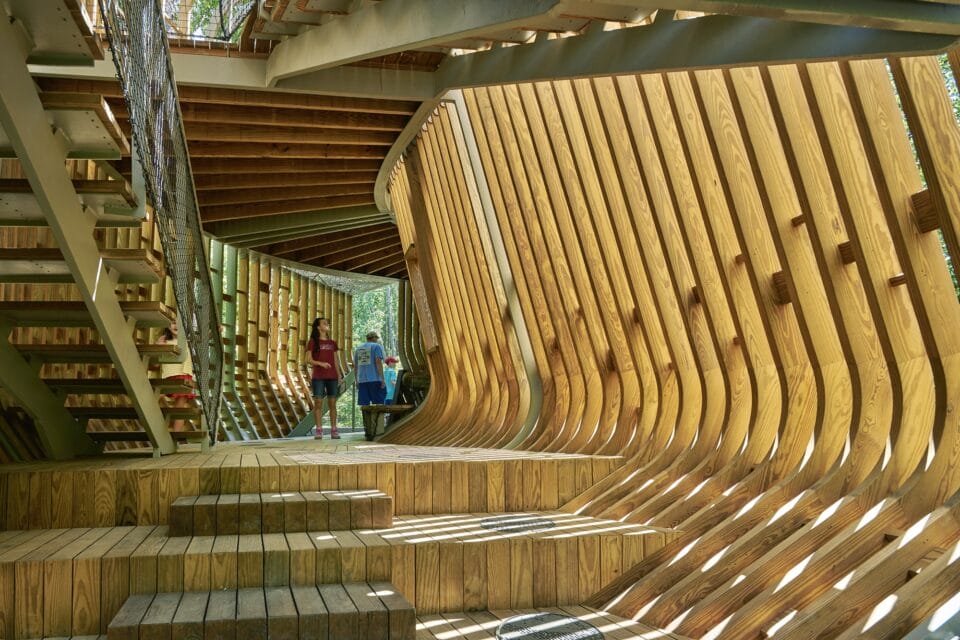the interior of a contemporary, open-plan tree house in a public forest, featuring numerous stairwells and passages, surrounded by trees, with people inside for scale