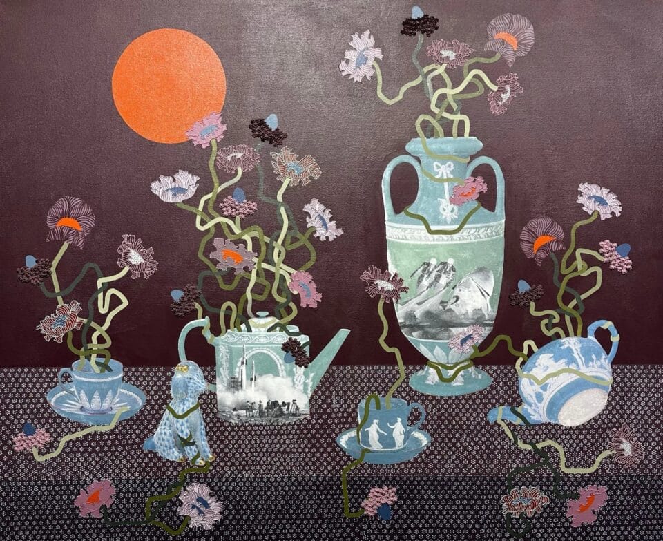 a still life with textured flowers held in blue ornate vessels on a tabletop