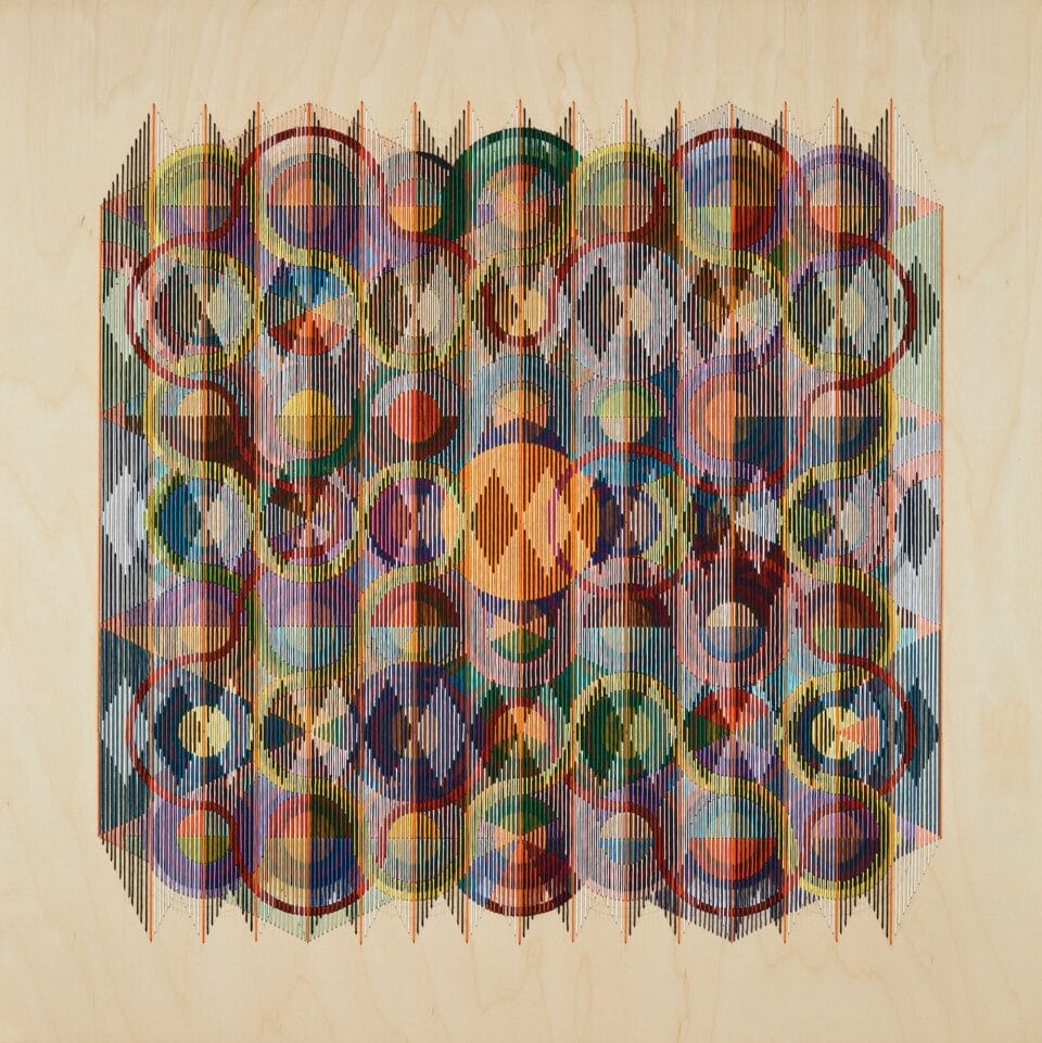 an abstract, geometric thread composition on a wood panel