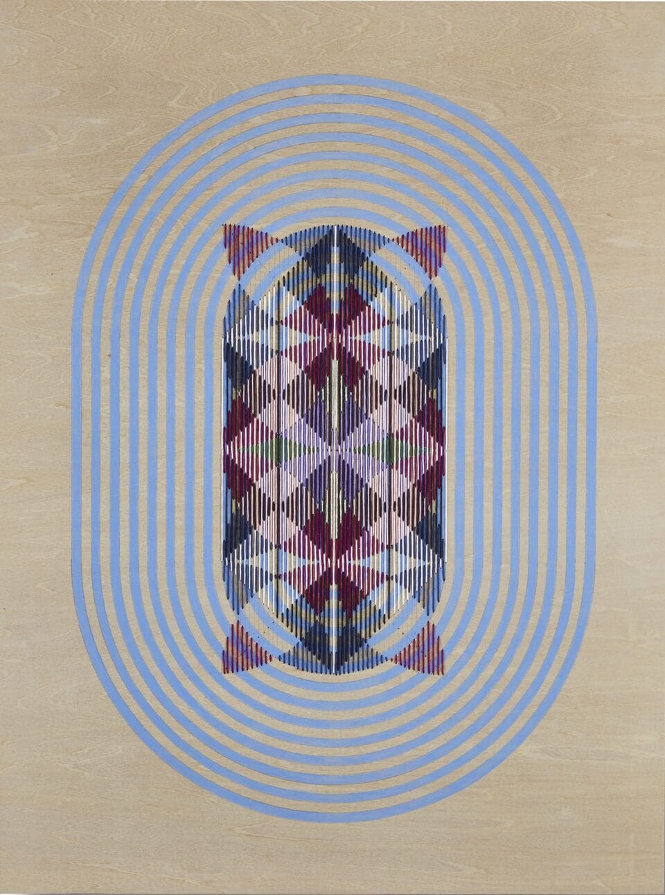 an abstract, geometric thread composition on a wood panel, featuring primarily a large blue oval