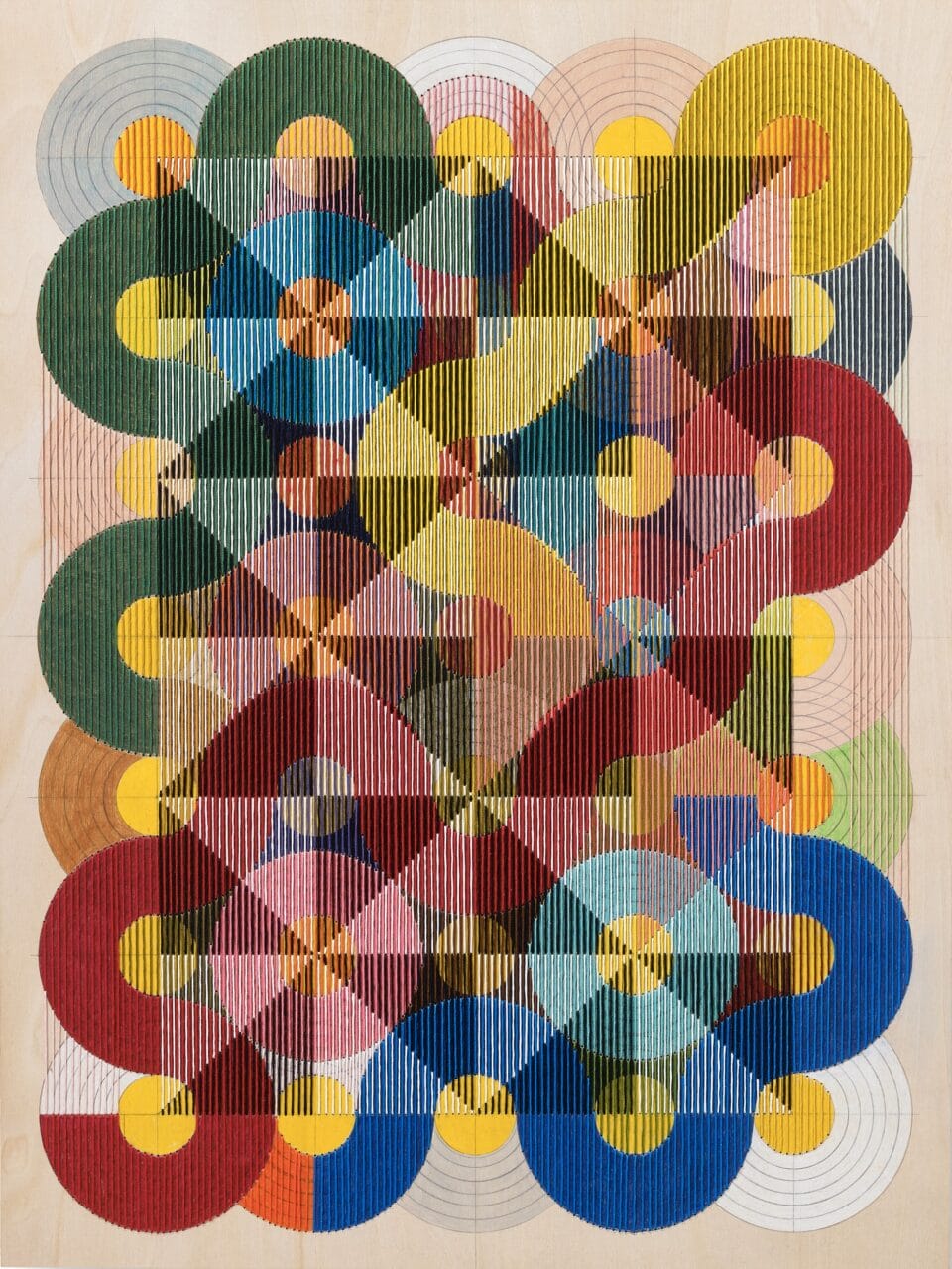 an abstract, geometric thread composition on a wood panel