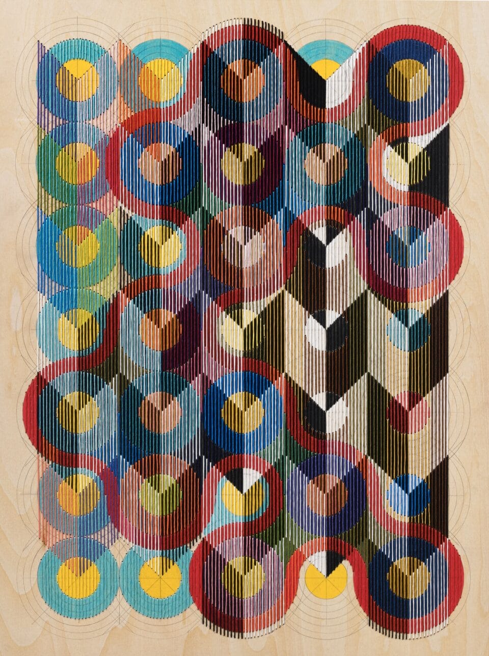 an abstract, geometric thread composition on a wood panel