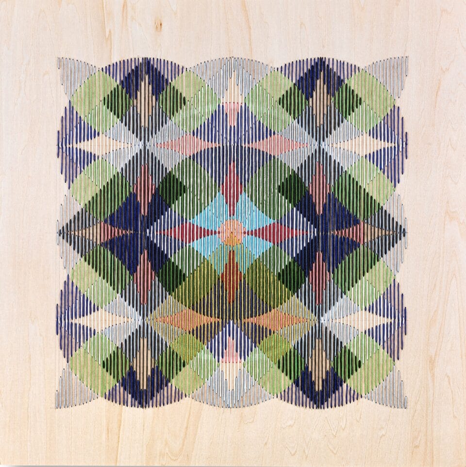 an abstract, geometric thread composition on a wood panel