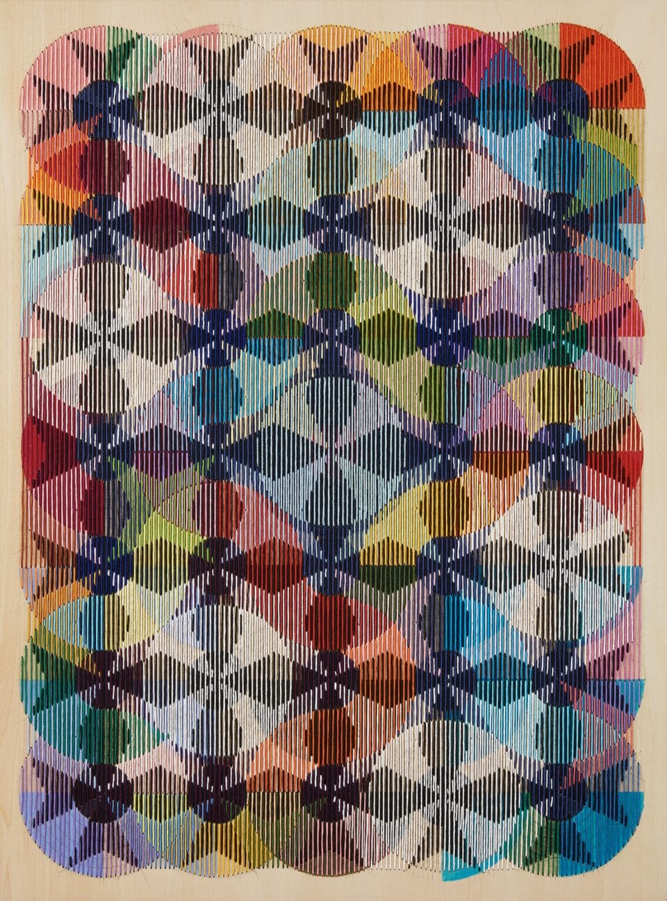 an abstract, geometric thread composition on a wood panel