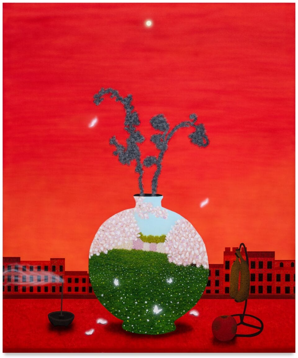 a vertical acrylic painting predominantly in shades of red and orange, featuring a vase on a table near a window overlooking a city, and the vase contains a landscape, almost as if it is a portal