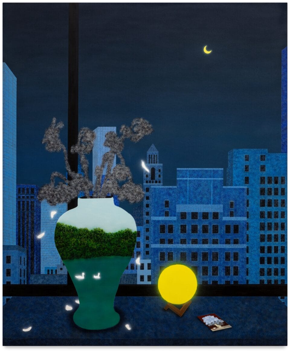 a vertical acrylic painting predominantly in shades of blue, featuring a vase on a table near a window overlooking a city at night, and the vase contains a landscape with two birds, almost as if it is a portal