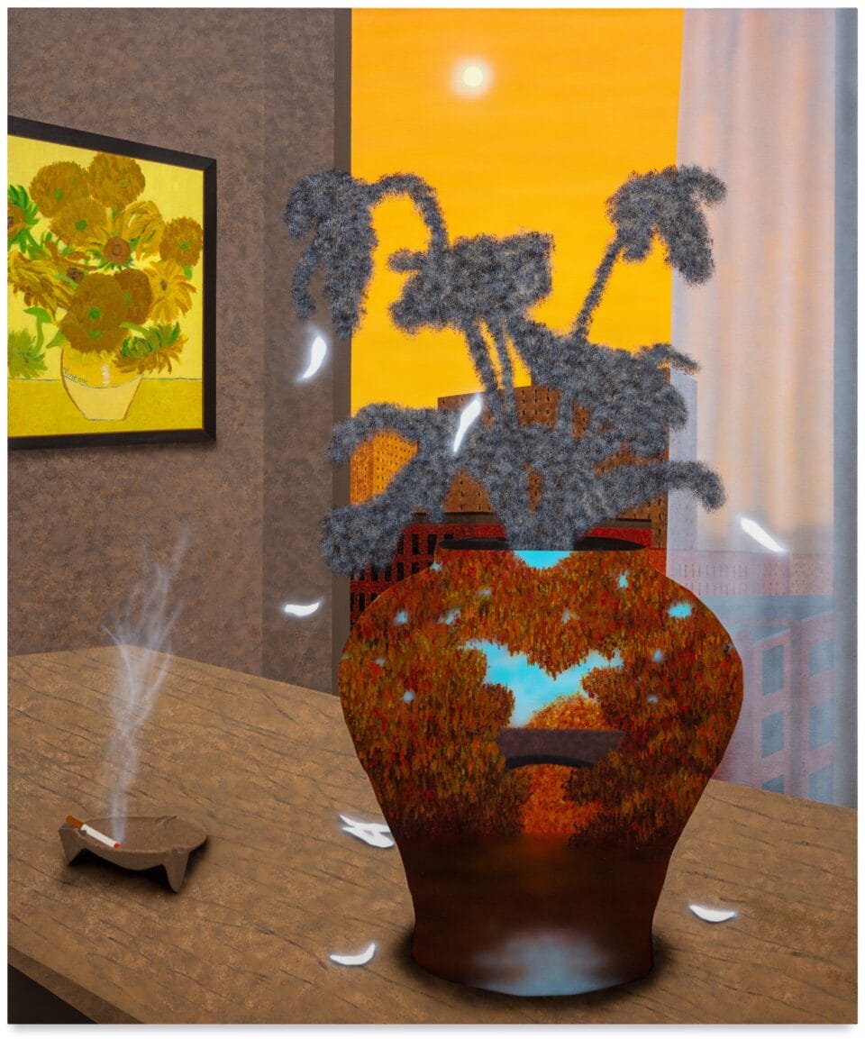 a vertical acrylic painting featuring a vase on a table near a window, and the vase contains a landscape painted by Vincent van Gogh, almost as if it is a portal