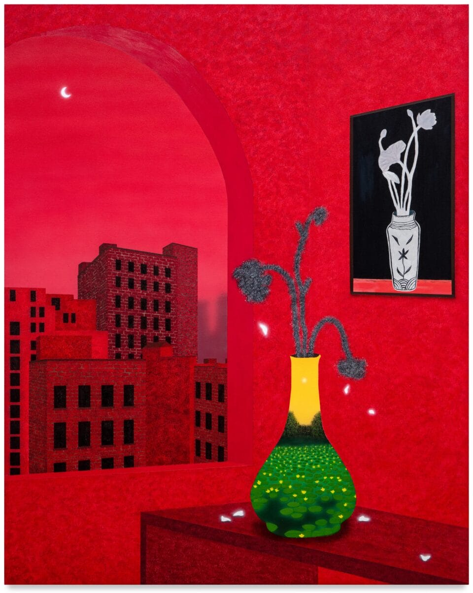 a vertical acrylic painting predominantly in shades of red, featuring a vase on a table near a window overlooking a city, and the vase contains a green-and-yellow painting by Sanyu