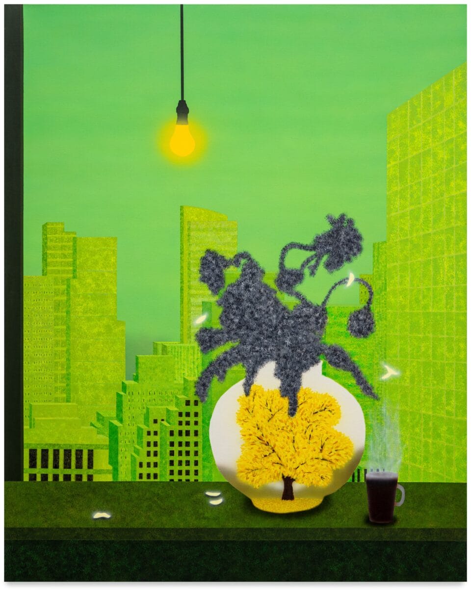 a vertical acrylic painting predominantly in shades of green and yellow, featuring a vase on a table near a window overlooking a city, and the vase contains a landscape with emphasis on a tree, almost as if it is a portal