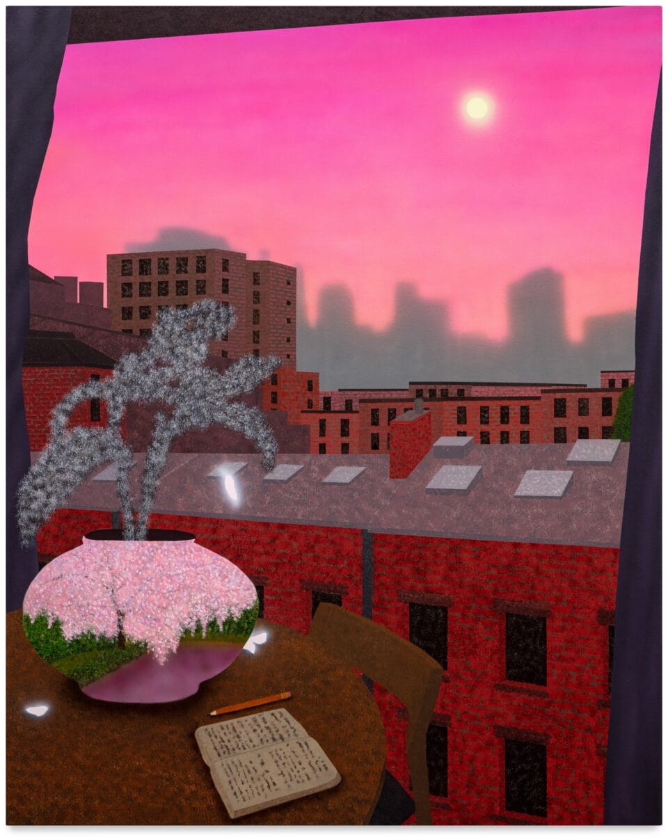 a vertical acrylic painting predominantly in shades of pink and gray, featuring a vase on a table near a window overlooking a city, and the vase contains a landscape, almost as if it is a portal