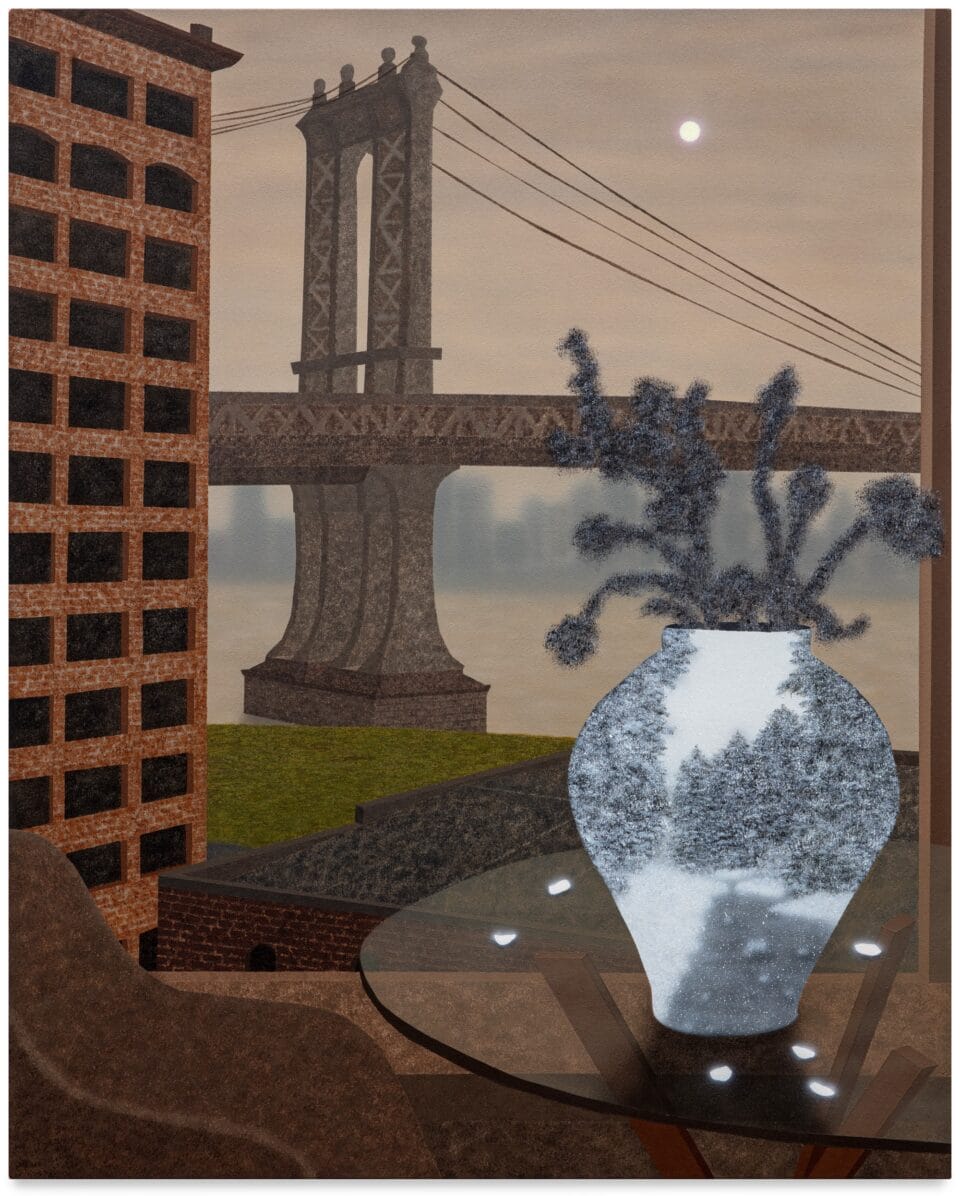 a vertical acrylic painting predominantly in shades of brown and gray, featuring a vase on a table near a window overlooking the Brooklyn Bridge, and the vase contains a landscape, almost as if it is a portal