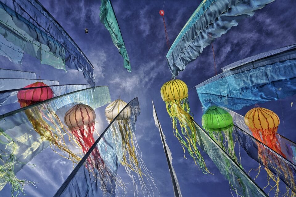 a collection of jellyfish kites in the sky