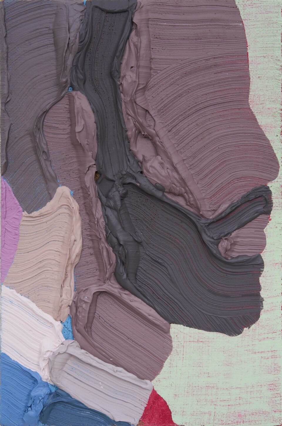 An acrylic painting of a minimal figure in profile, using heavy impasto paint.