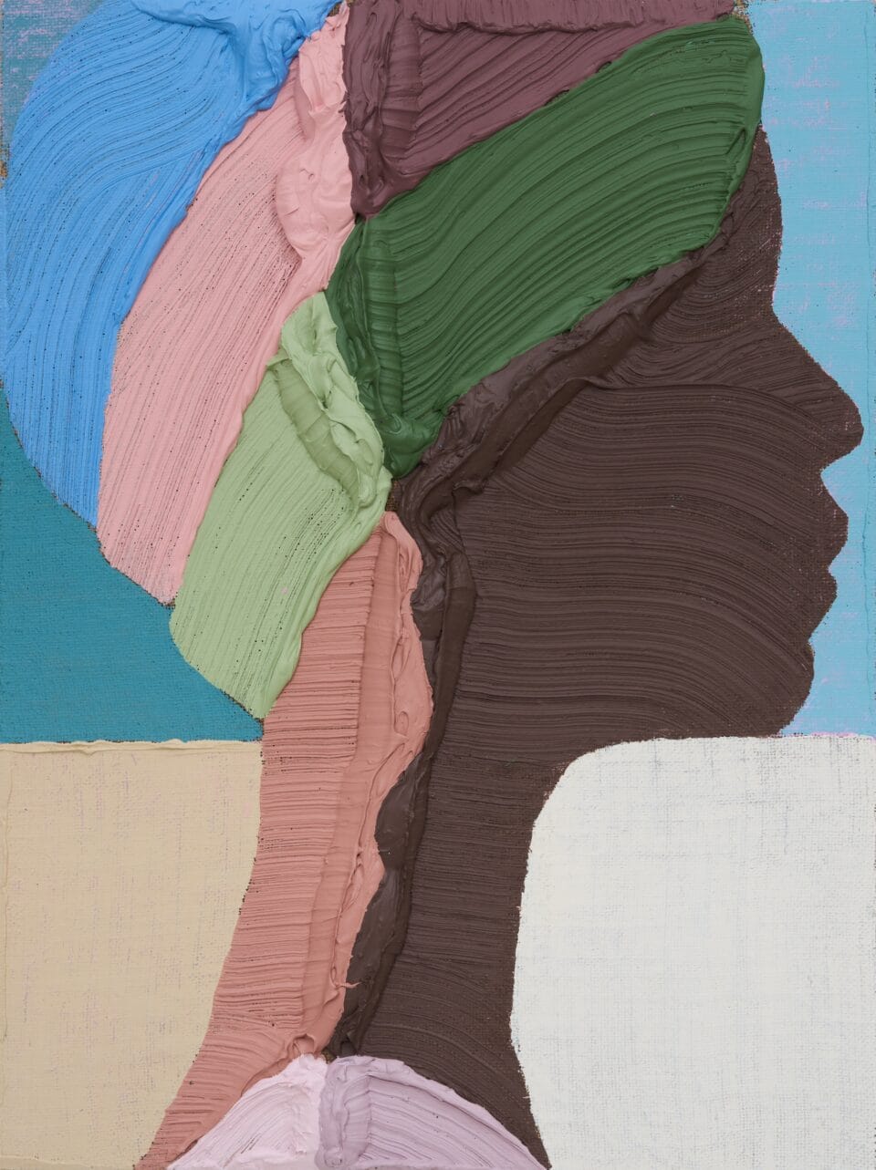 An acrylic painting of a minimal figure in profile, using heavy impasto paint.