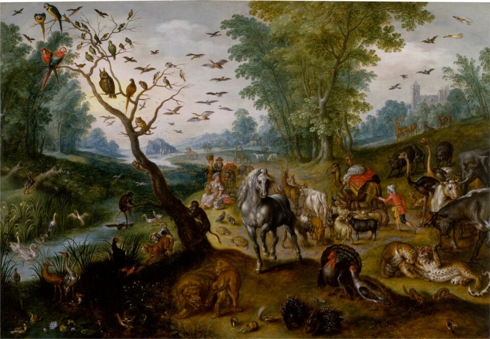 a landscape painting of a very busy woodland full of wildlife