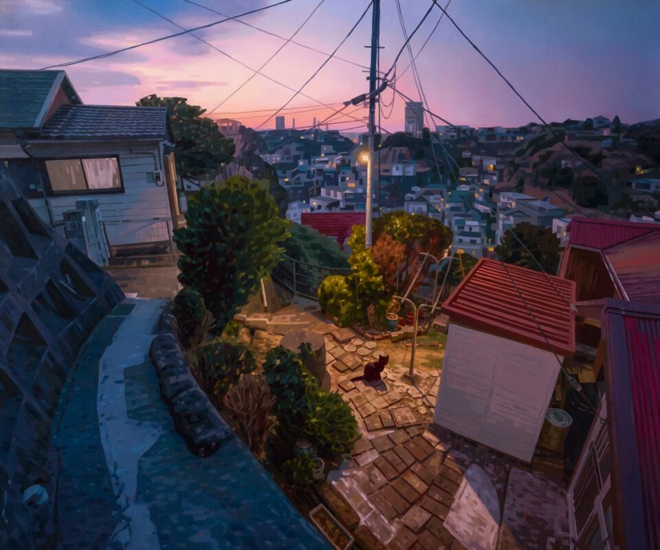 an aerial painting of a town with a cat illuminated by a lamppost in the foreground