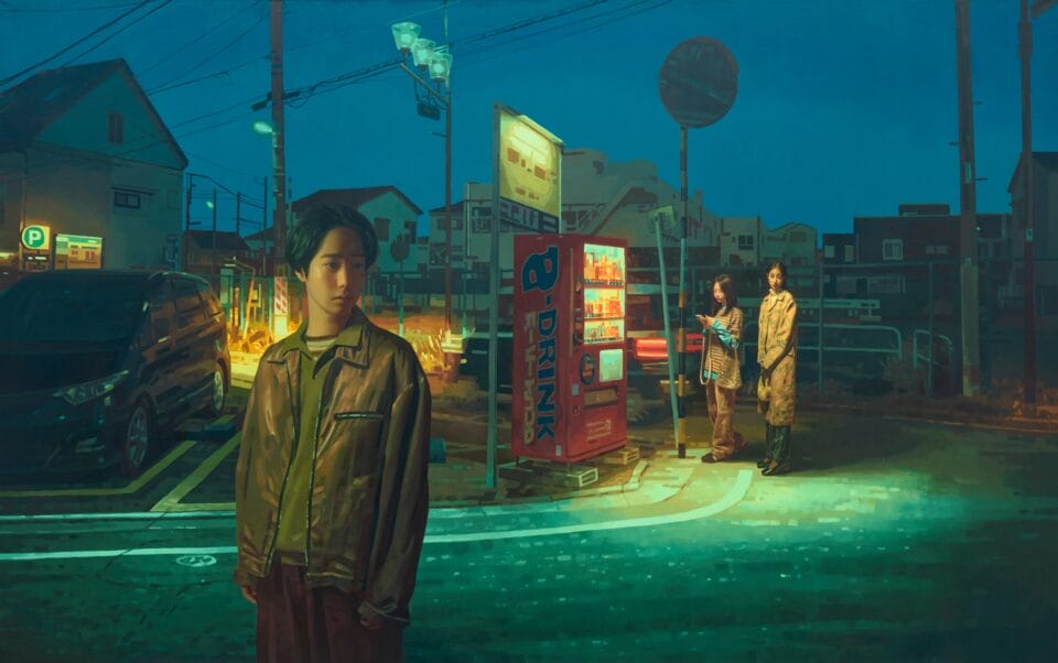 vending machine lights illuminate a dark street with two people in front of it and another in the foreground