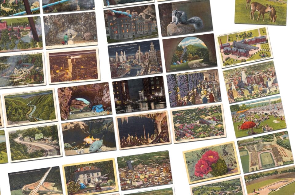 a detail of a large-scale assemblage of numerous vintage postcards, loosely arranged in a grid with some of the composition disengaging from the rest
