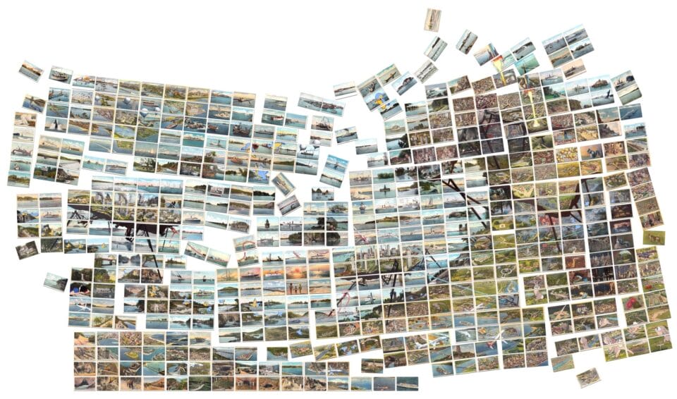 a large-scale assemblage of numerous vintage postcards, loosely arranged in a grid with some of the composition disengaging from the rest