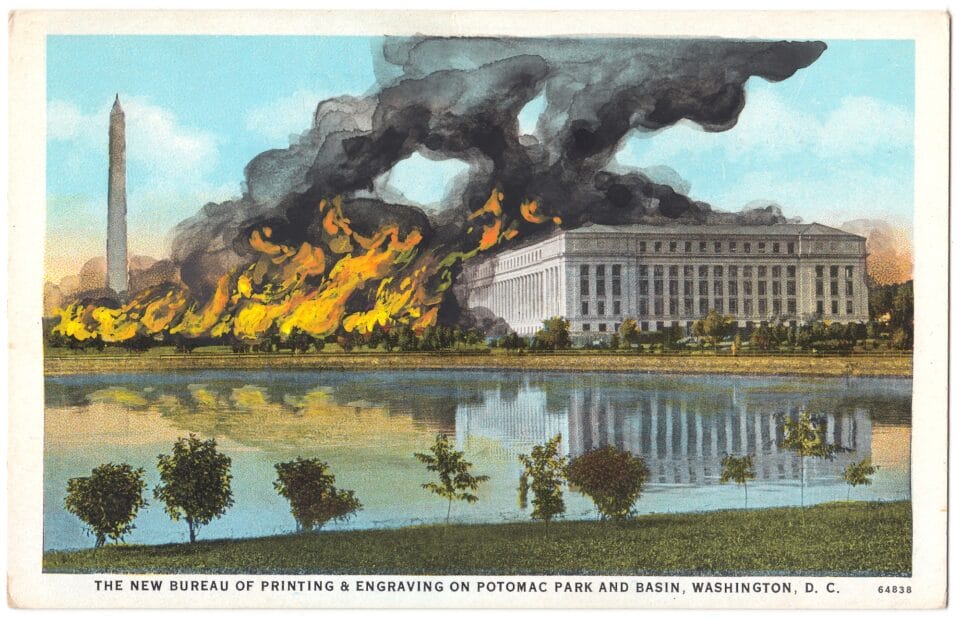 a vintage postcard of a government building with a large fire painted onto it, as if the building is burning to the ground