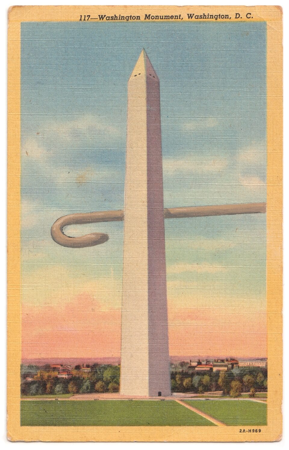 a postcard of the Washington Monument with a cane painted onto it, as if someone stage-left is about to yank the monument offstage