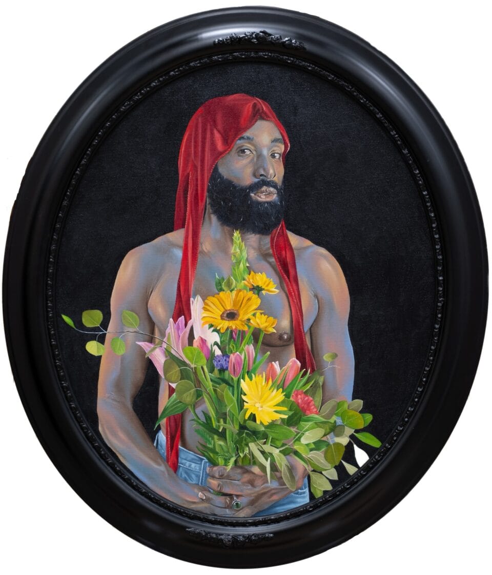 an oval framed portrait of a Black man with an untied red durag on his head, holding a bouquet of flowers