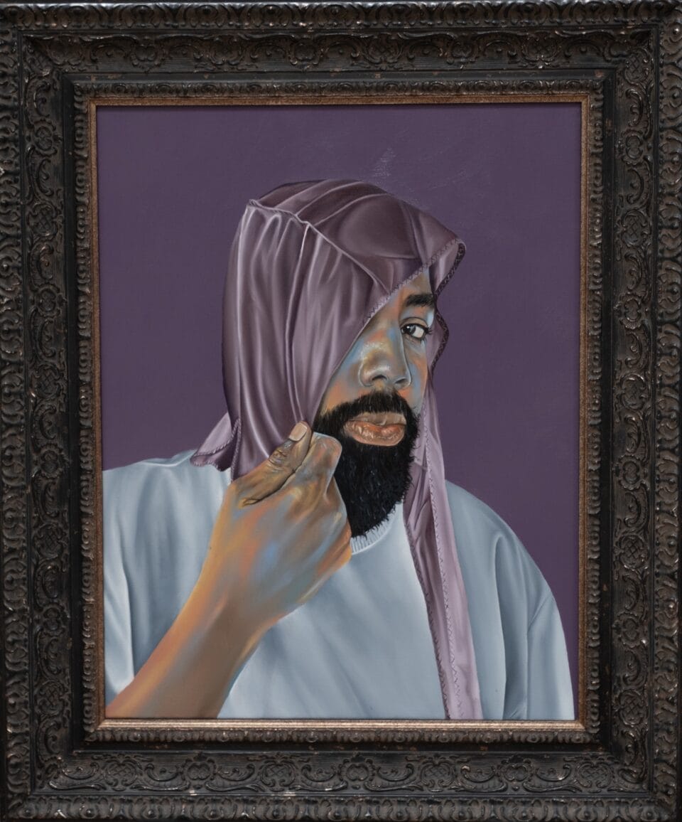 a framed portrait of a bearded Black man wearing an untied purple cloth or durag on his head, partly concealing his face, against a purple background