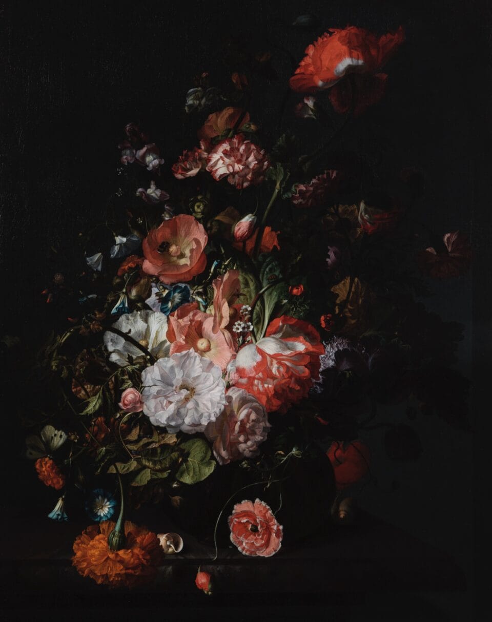 a colorful Dutch still life of flowers on a black background