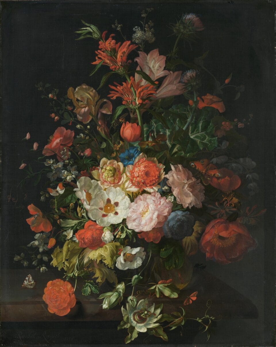 a colorful Dutch still life of flowers on a black background