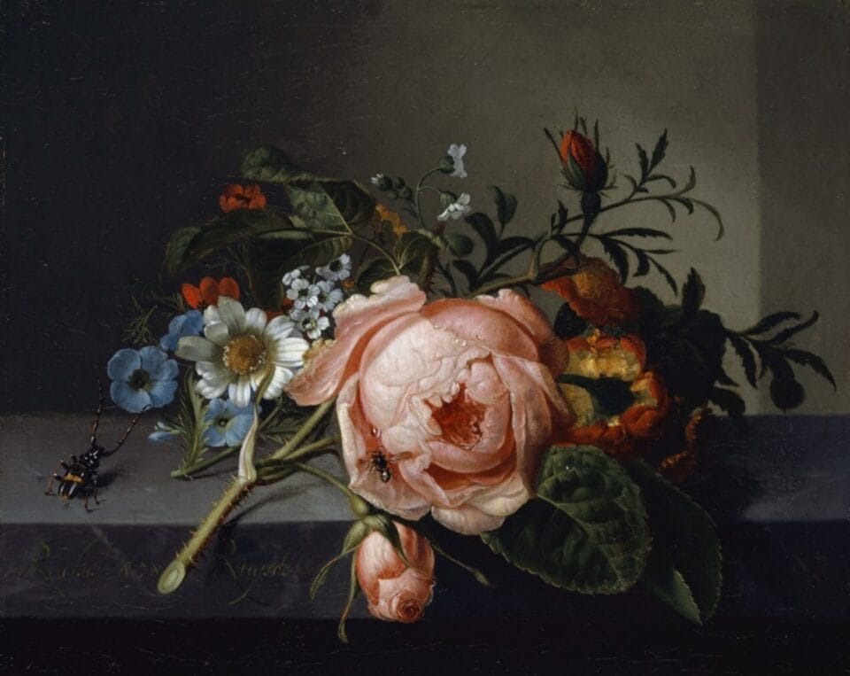 a colorful Dutch still life of flowers on a black background, with emphasis on a pink peony in the center