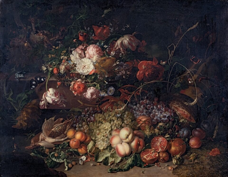 a colorful Dutch still life of flowers on a black background