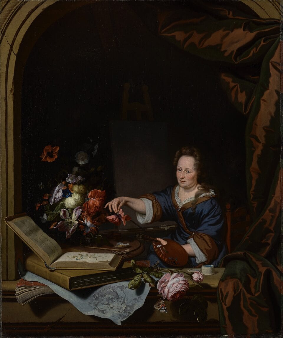 a collaborative portrait/self-portrait of Dutch still life painter Rachel Ruysch, shown seated near a table stacked with large books and an arrangement of flowers