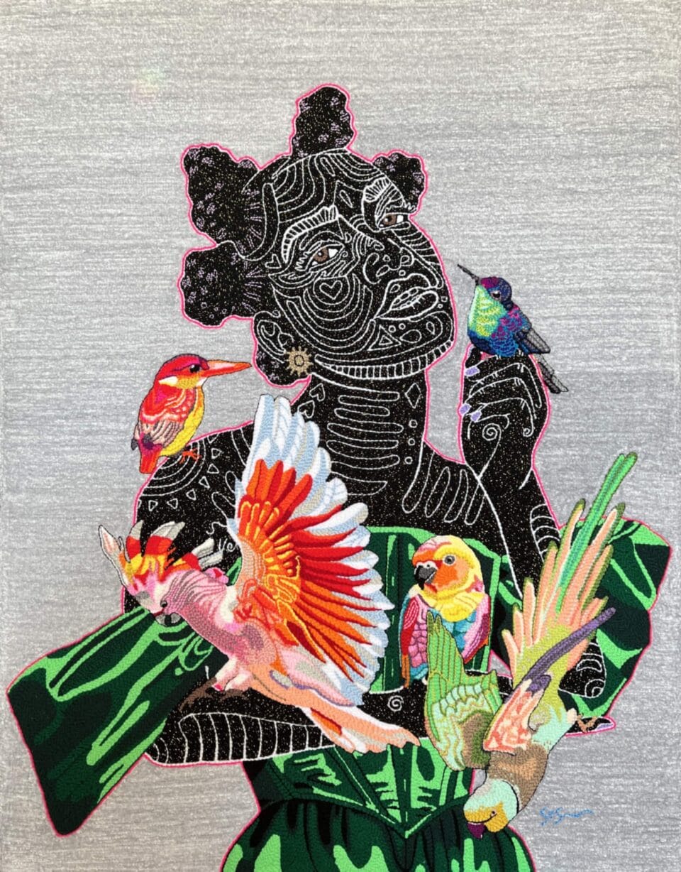 a hand-tufted embroidery composition of a Black woman surrounded by colorful birds