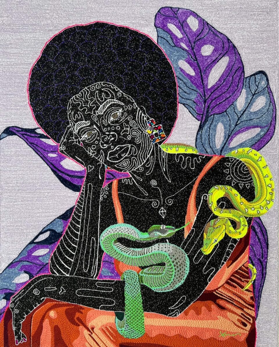 a hand-tufted embroidery composition of a Black woman surrounded by monstera plants and snakes