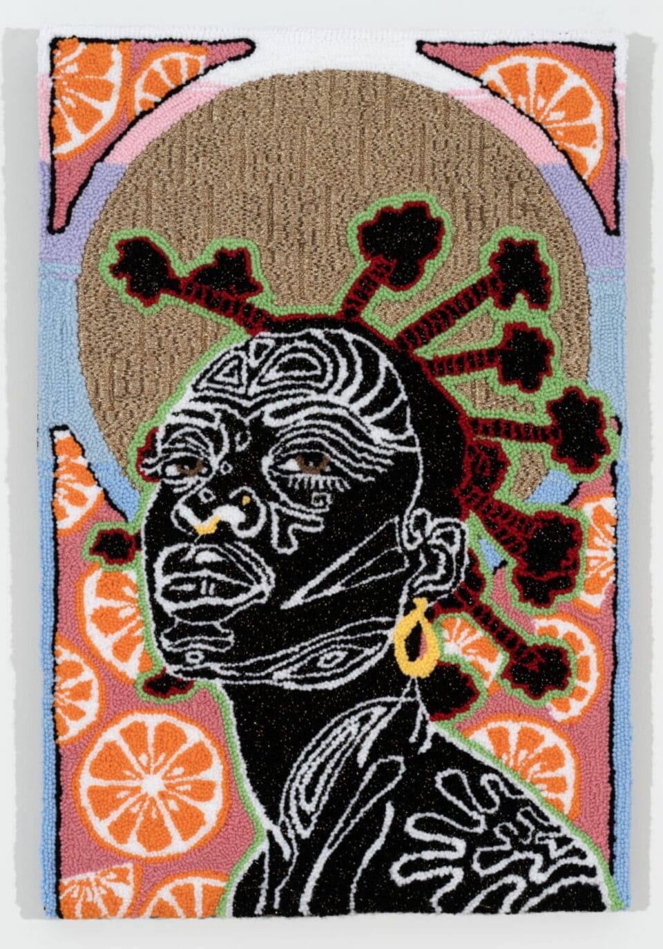 a hand-tufted embroidery composition of a Black figure with a gold halo-like circle behind their head, with a pattern of citrus slices in the background