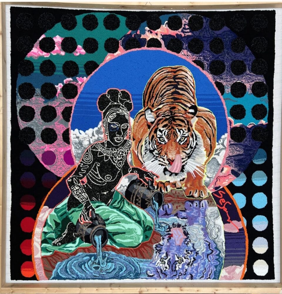 a hand-tufted embroidery composition of a Black woman with a tiger amidst a vibrantly patterned background