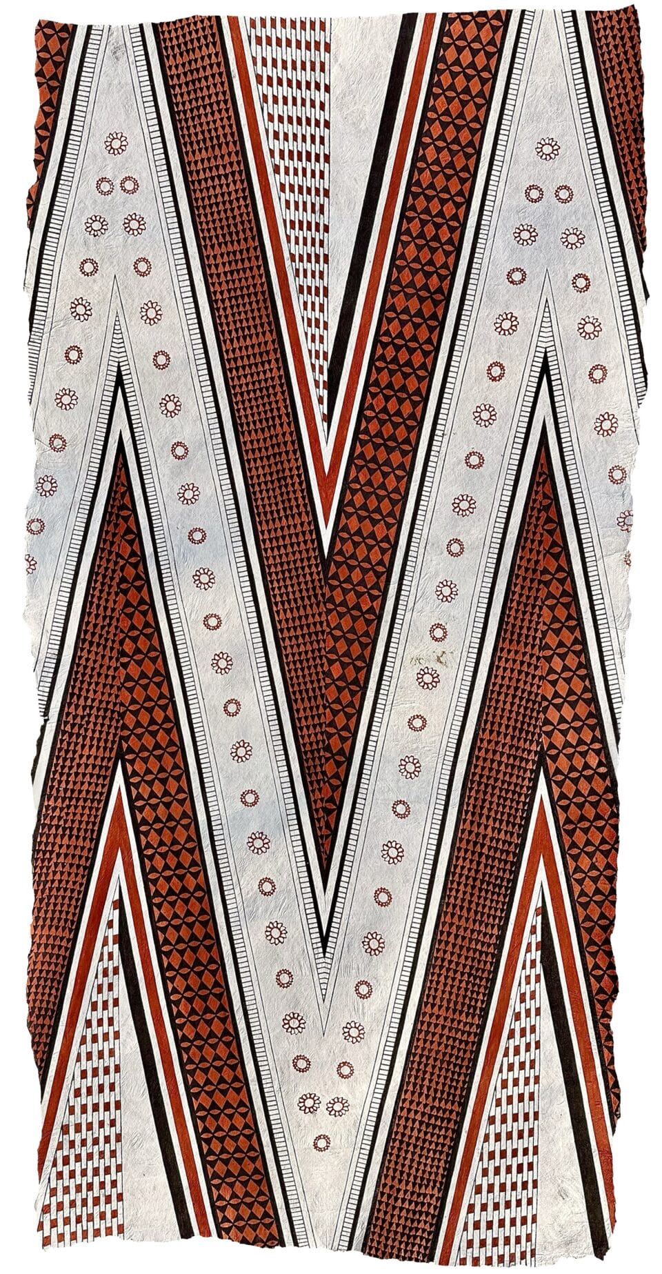 a long, vertical tapestry with colorful natural dyes in a geometric chevron pattern, made with barkcloth