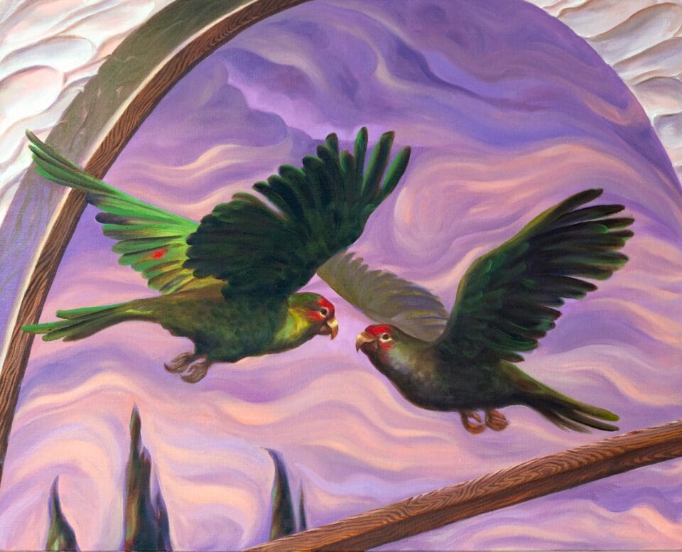 a green bird appears to see itself in a mirror against a purple backdrop