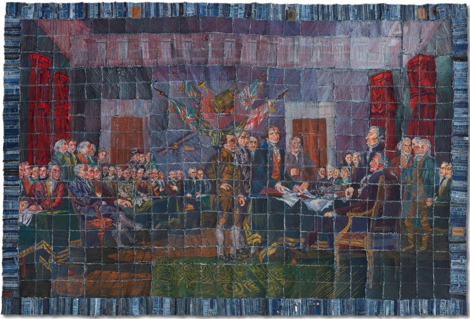 a textile work depicting a revolutionary-era court scene