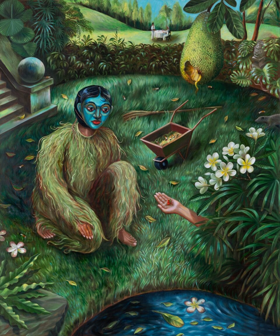 a figure with green fur and a blue face sits in a surreal garden with a hand stretching out from a bush